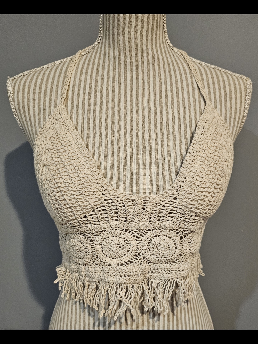 Crochet Fringe Halter Crop Top in Cream